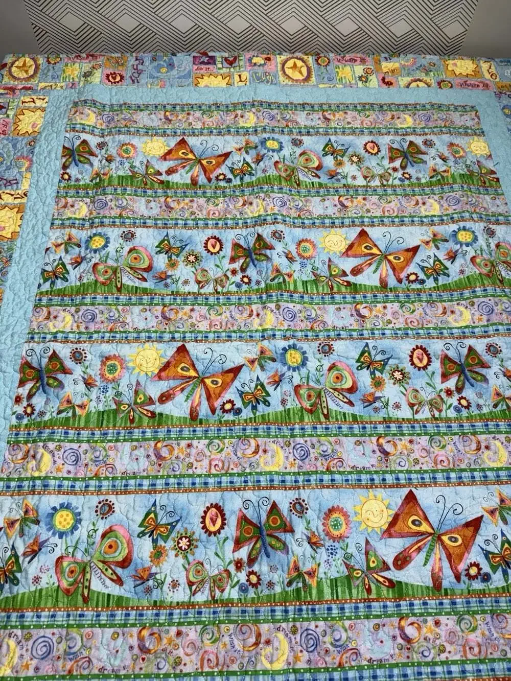 Handmade Baby/Toddler Quilt.  50”x39” Butterflies, Sunshine, multi-color